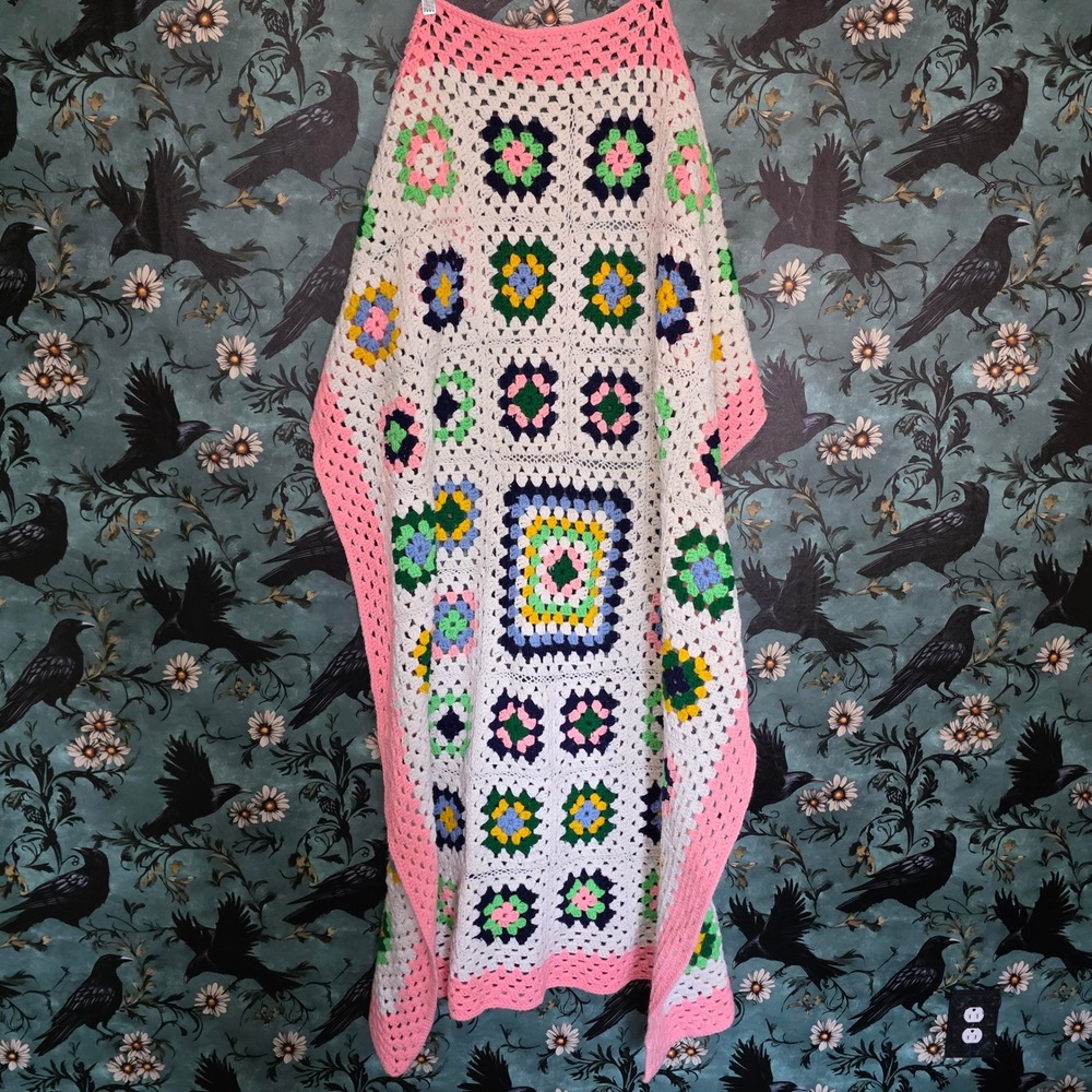 Handmade Granny Square Crochet Blanket Pink Border Retro 70s Boho Afghan Throw